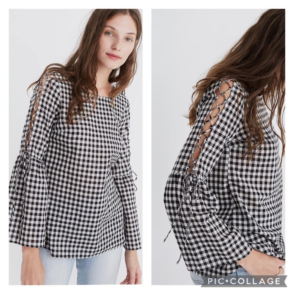 Madewell Gingham Bell Sleeve Top Lace Up Sleeve Black White Size Large